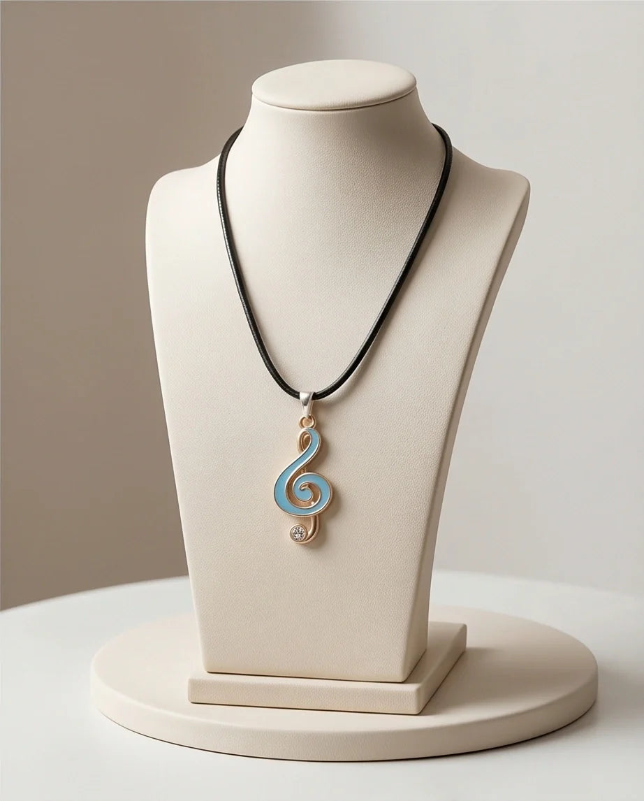 Gold Light Blue Treble Clef Music Necklace