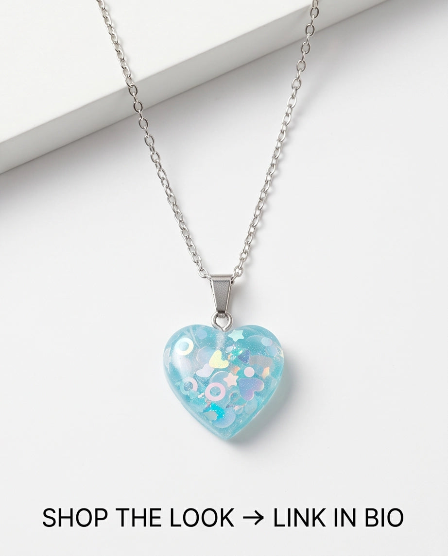Silver Light Blue Glitter Heart Resin Pendant Necklace