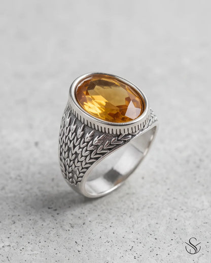 Citrine Gemstone Laurel Bezel Dragon-Scale Silver Ring