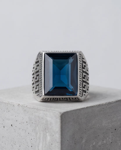 Deep Sapphire Emerald-Cut Gemstone Greek Key Silver Ring