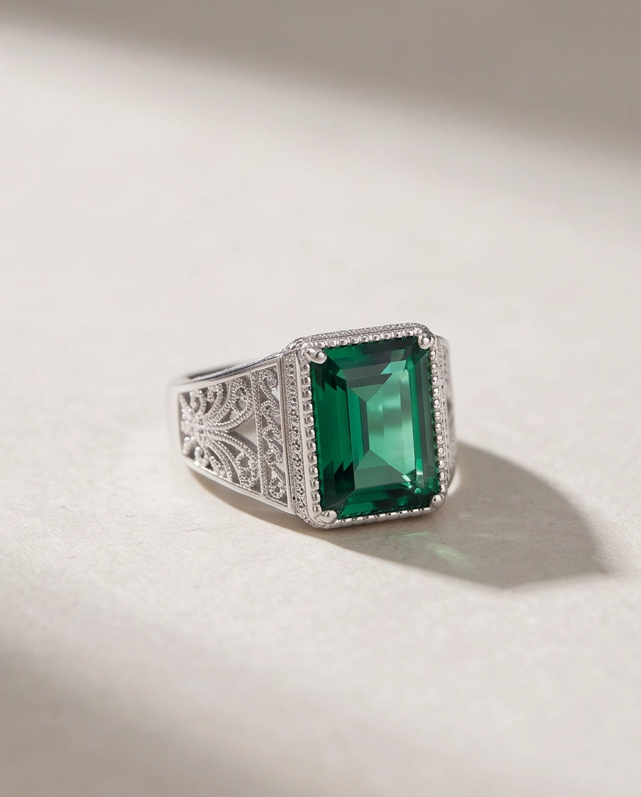 Emerald Green Emerald-Cut Gemstone Stippled Halo Silver Ring