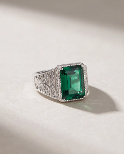 Emerald Green Emerald-Cut Gemstone Stippled Halo Silver Ring