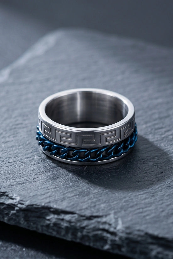 Modern Greek Key Blue Chain Spinner Ring