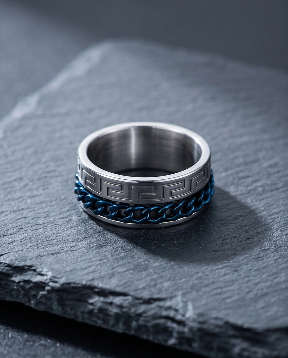 Modern Greek Key Blue Chain Spinner Ring