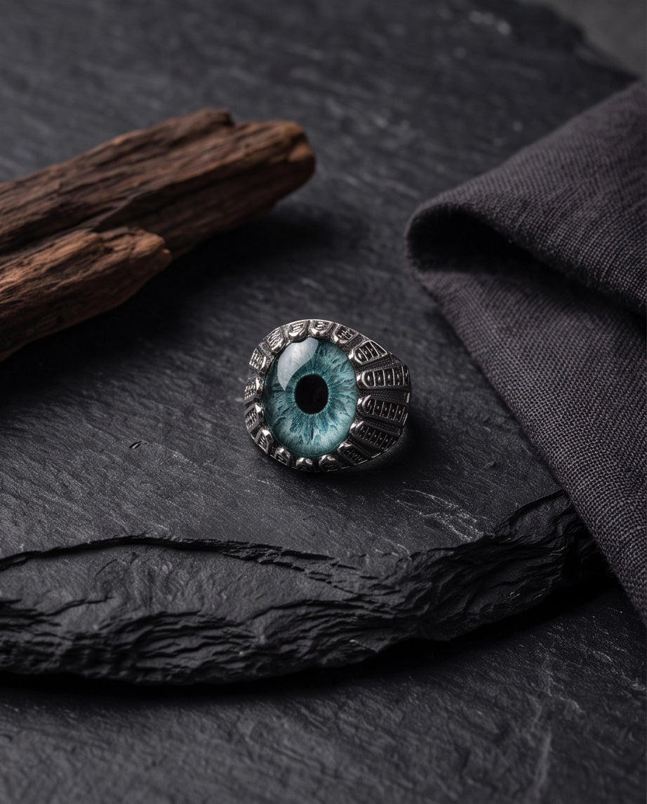 Teal-Grey Evil Eye Cabochon Architectural Bezel Silver Ring