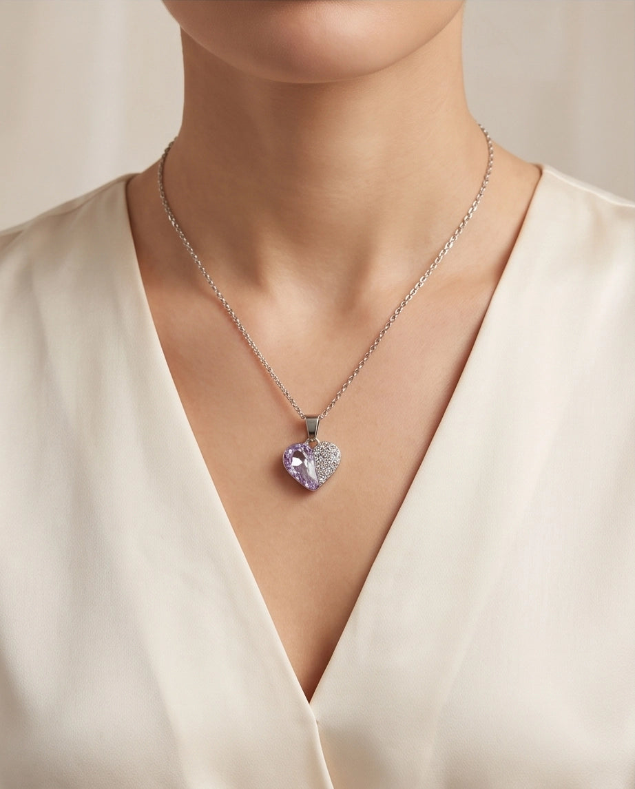 Silver Amethyst Heart Pavé Pendant Necklace