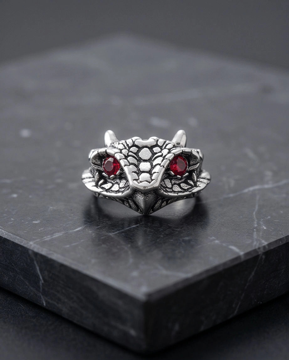 Crimson-Eyed Sculpted Serpent Head Ring