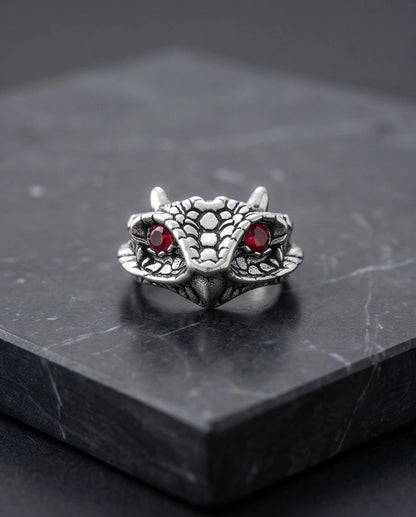 Crimson-Eyed Sculpted Serpent Head Ring