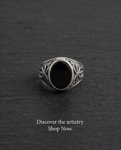 Onyx-Style Oval Cabochon Palm Tree Motif Silver Ring