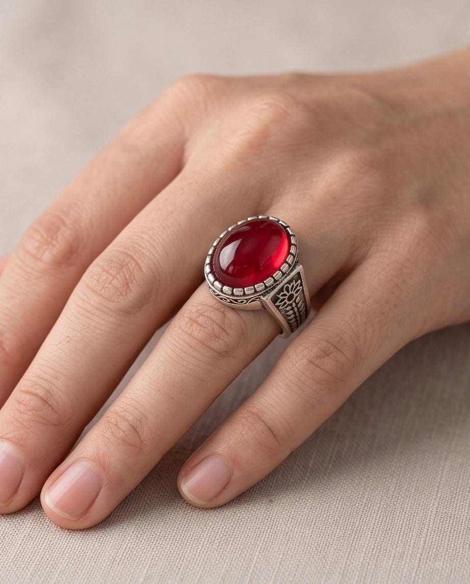 Ruby Cabochon Beaded Bezel Floral Silver Ring