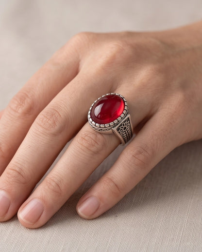 Ruby Cabochon Beaded Bezel Floral Silver Ring