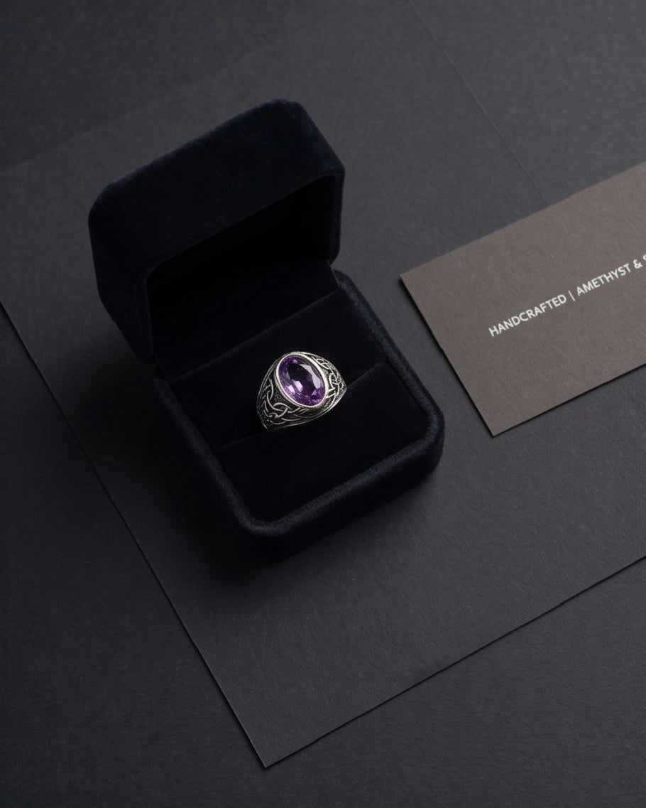 Amethyst Purple Oval-Cut Gemstone Celtic Knot Silver Ring