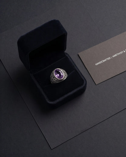 Amethyst Purple Oval-Cut Gemstone Celtic Knot Silver Ring