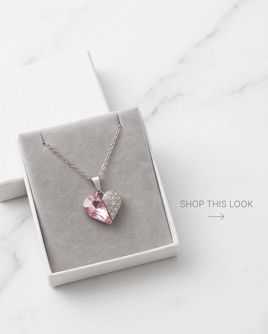 Silver Rose Pink Heart Pavé Pendant Necklace