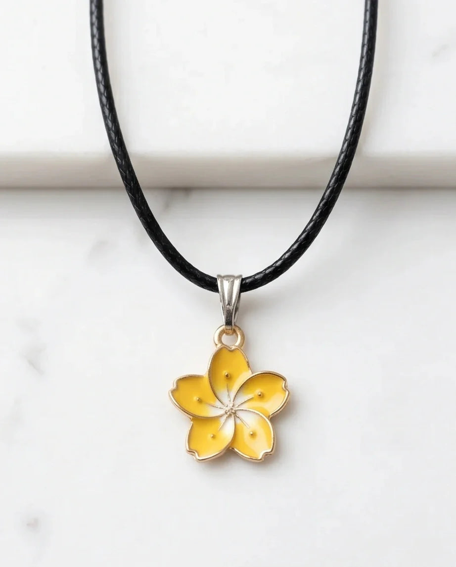 Mellow Yellow Cherry Blossom Enamel Pendant Necklace