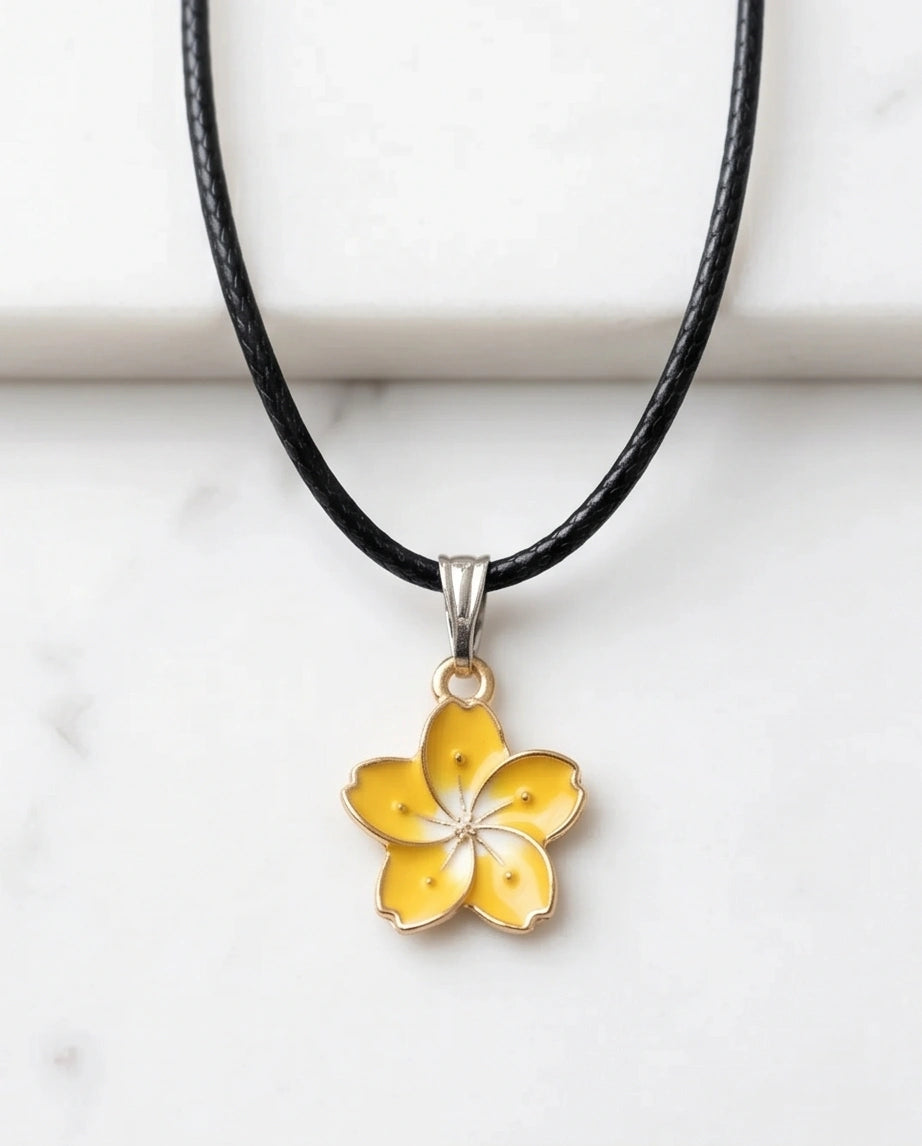 Mellow Yellow Cherry Blossom Enamel Pendant Necklace