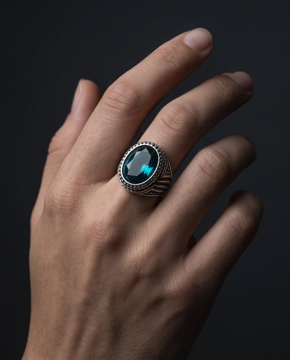 Aquamarine Gemstone Beaded Frame Wave Silver Ring
