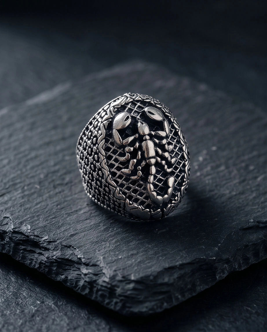 Oxidized Silver Sculpted Scorpion Mesh Ring