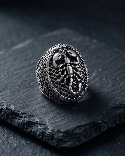 Oxidized Silver Sculpted Scorpion Mesh Ring