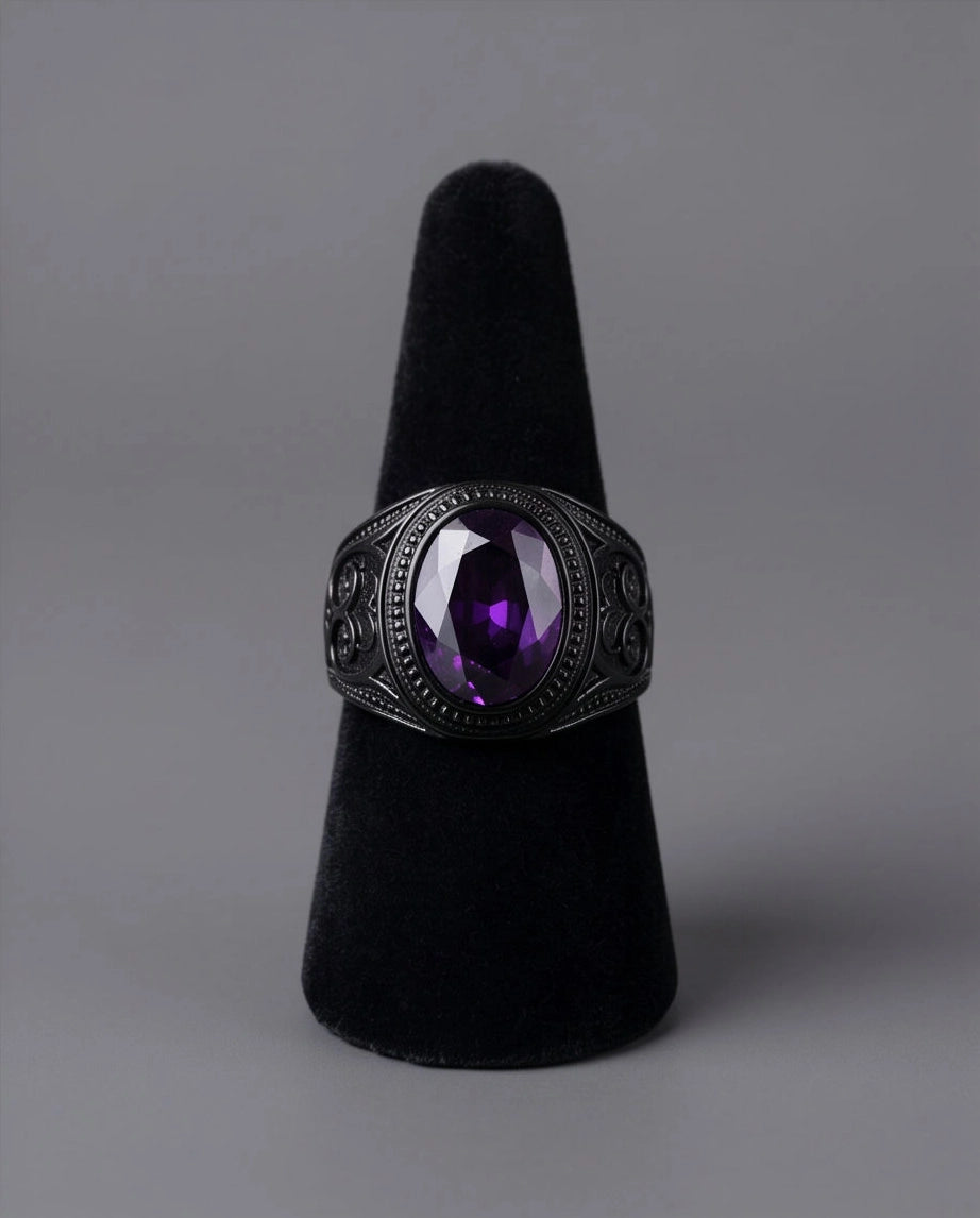 Matte Black Oval Amethyst Scroll Signet Ring