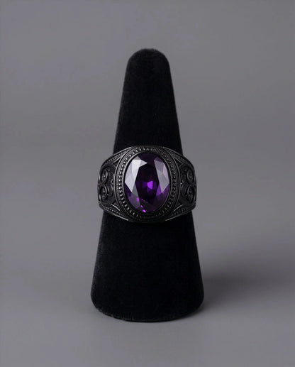 Matte Black Oval Amethyst Scroll Signet Ring