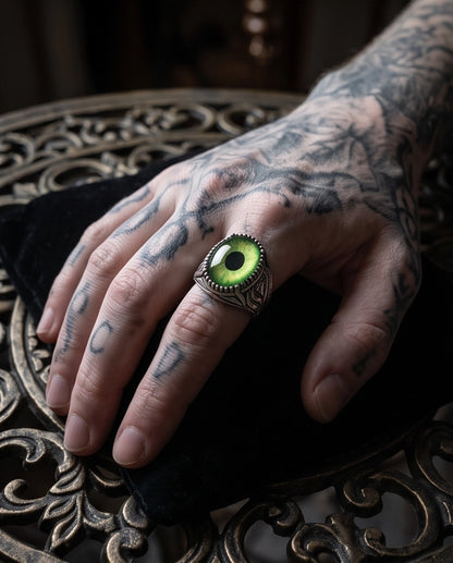Lime-Green Elliptical-Pupil Dragon-Eye Ornate Scrollwork Silver Ring