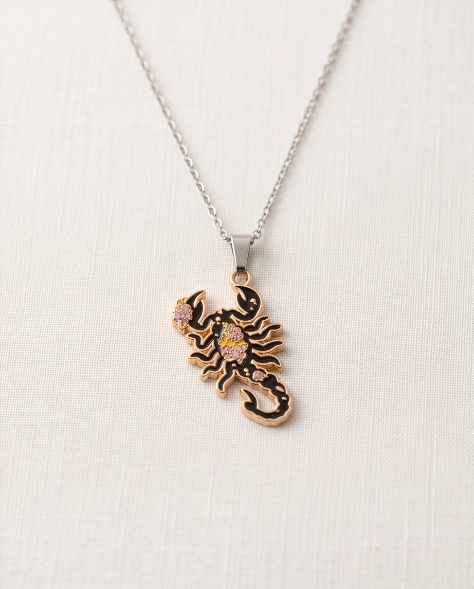 Gold Floral Scorpion Enamel Chain Necklace