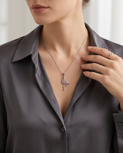 Silver Pink Crystal Paved Flamingo Pendant Necklace