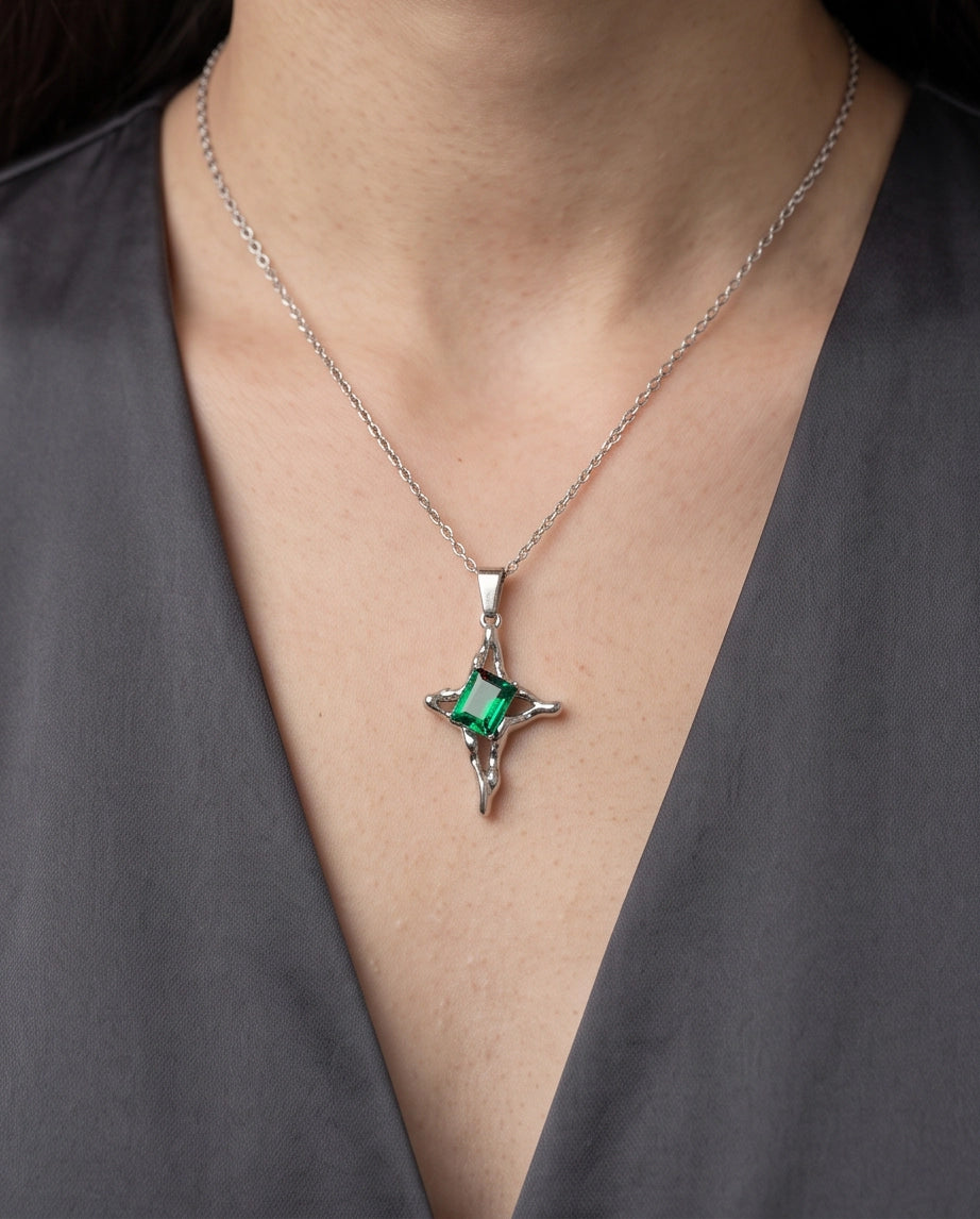 Silver Emerald Gemstone Gothic Cross Pendant Necklace