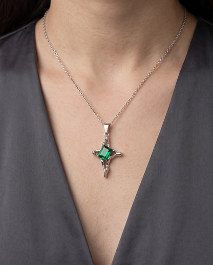 Silver Emerald Gemstone Gothic Cross Pendant Necklace