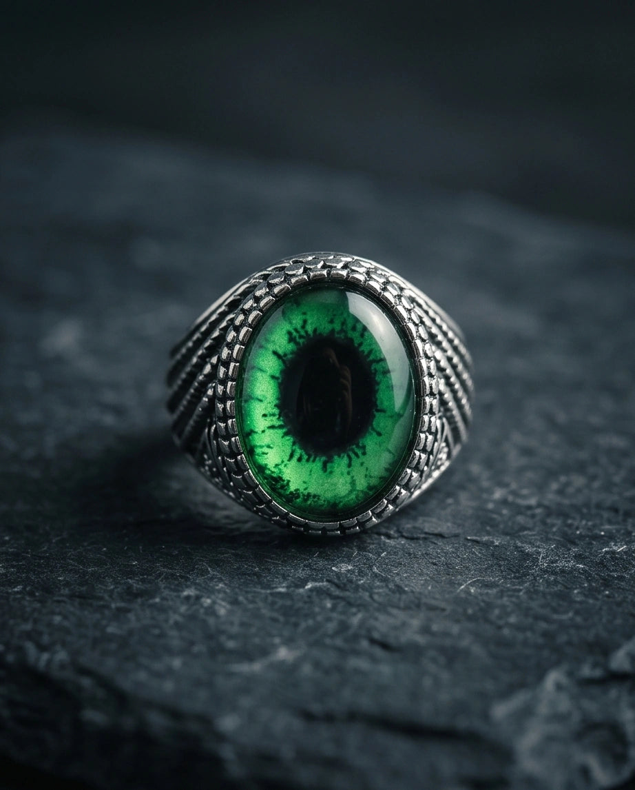 Vintage Sterling Silver Emerald Reptile's Eye Statement Ring