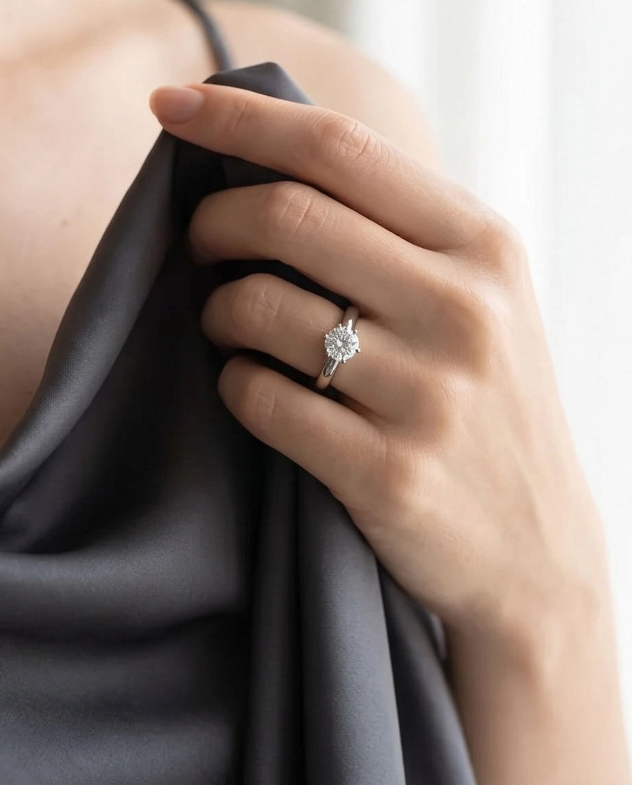 Silver Round Gemstone Elegant Solitaire Ring