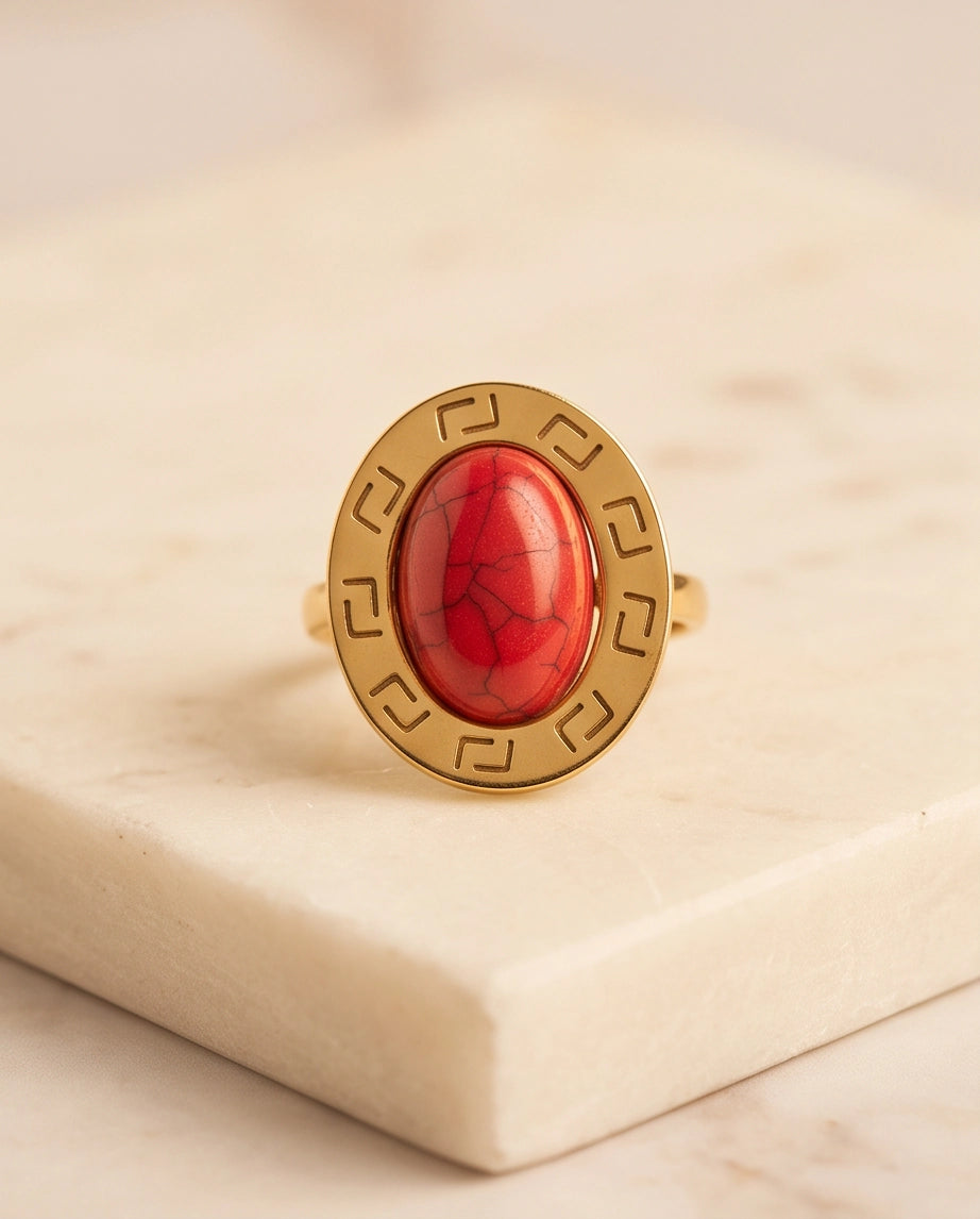 Solstice Greek Key Crimson Cabochon Ring