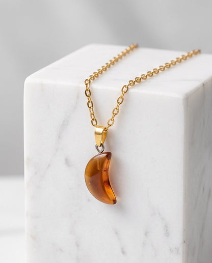 Silver Amber Resin Crescent Moon Pendant Necklace