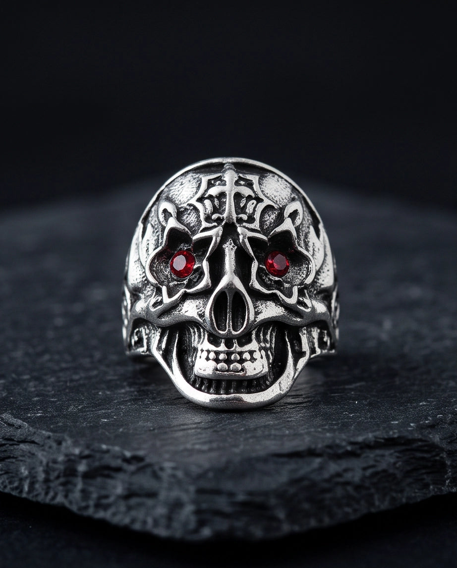 Ruby-Eyed Star-Eyed Gothic Cross Skull Silver Ring