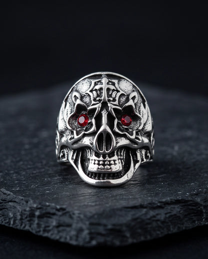 Ruby-Eyed Star-Eyed Gothic Cross Skull Silver Ring