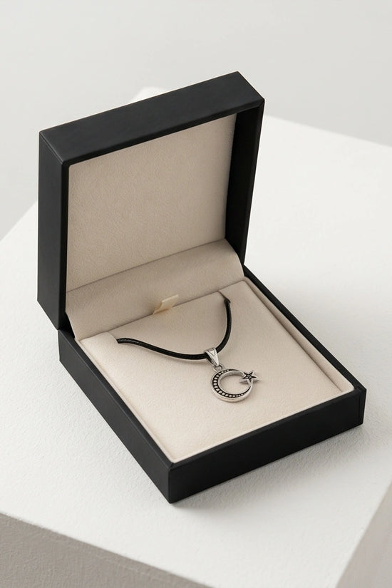The Celestial Path: Matte Silver Crescent Moon & Star Pendant Necklace