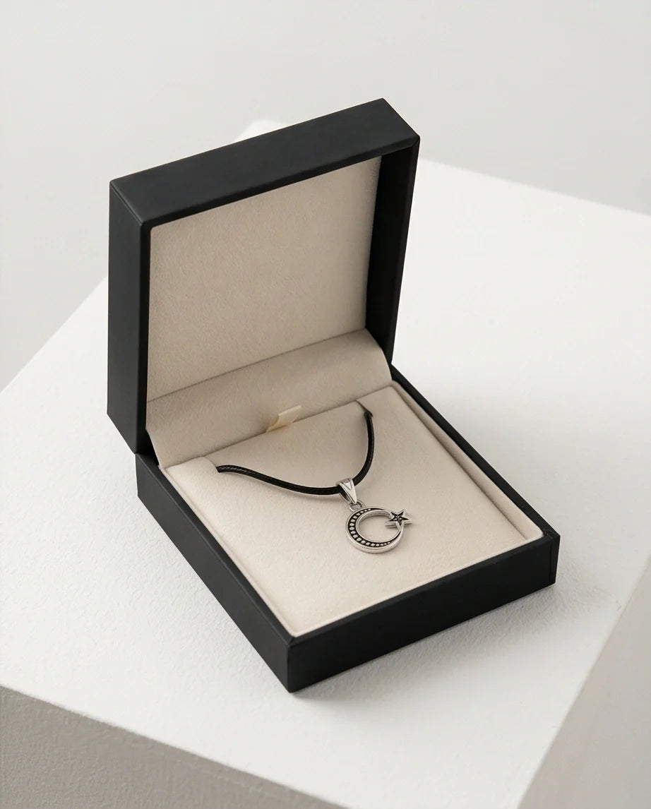The Celestial Path: Matte Silver Crescent Moon & Star Pendant Necklace