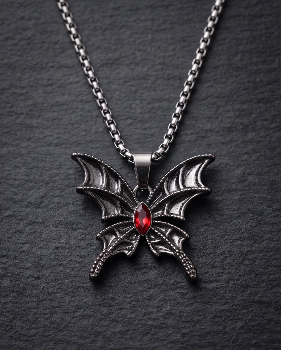 Black Bat-Wing Butterfly Red Gem Pendant Necklace