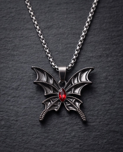 Black Bat-Wing Butterfly Red Gem Pendant Necklace