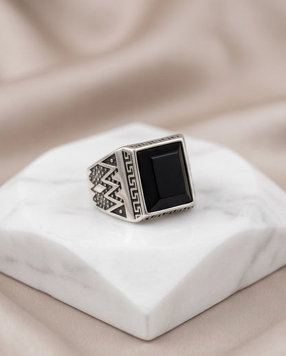 Onyx Gemstone Rectangular Bevel Greek Key Zigzag Silver Ring