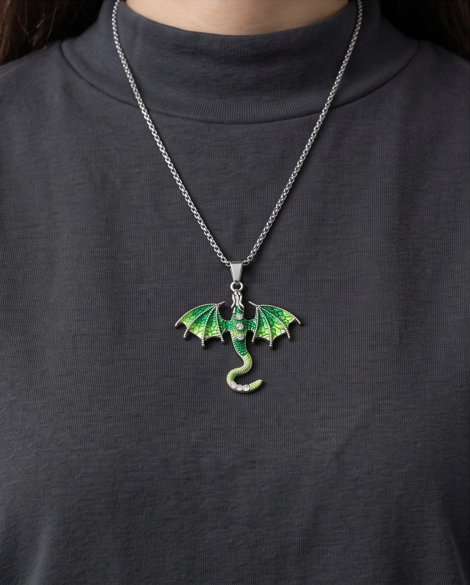 Silver Green Enamel Dragon Wyvern Pendant Necklace
