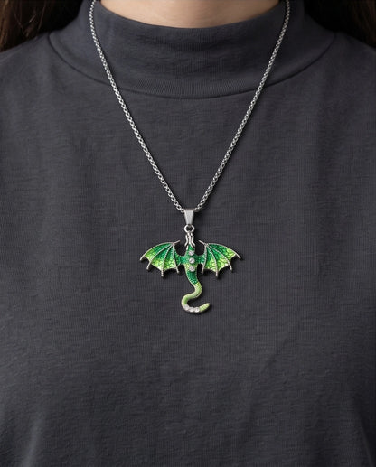 Silver Green Enamel Dragon Wyvern Pendant Necklace