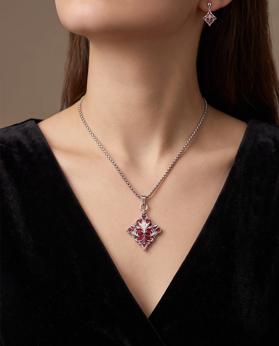 Silver Red Enamel Filigree Diamond Pendant Necklace