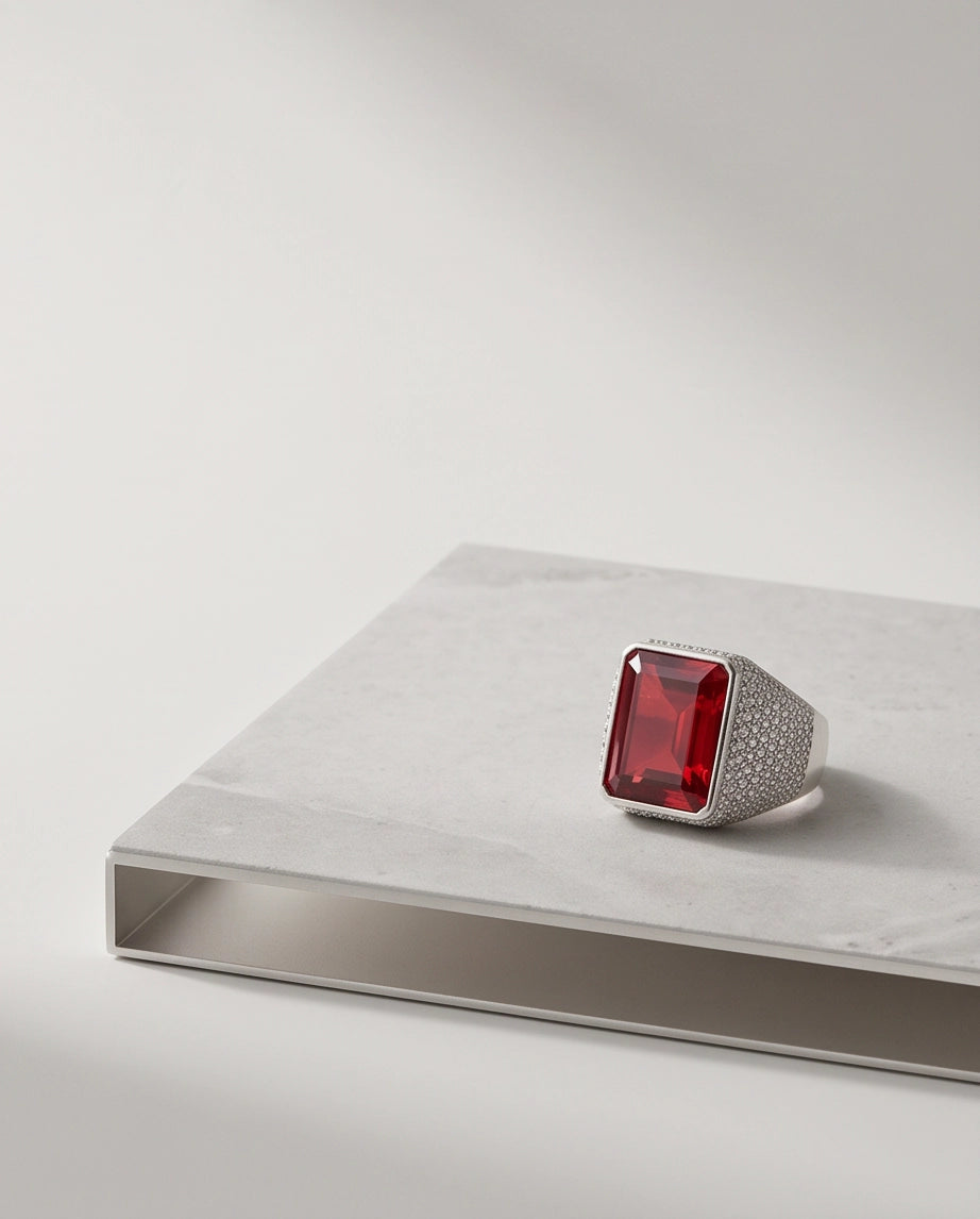 Ruby Red Emerald-Cut Gemstone Stippled Halo Silver Ring