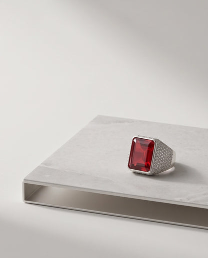 Ruby Red Emerald-Cut Gemstone Stippled Halo Silver Ring