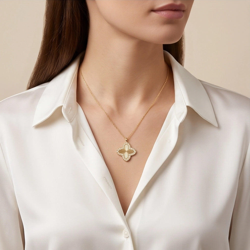 Gold Diamond-Cut Clover Pendant Necklace