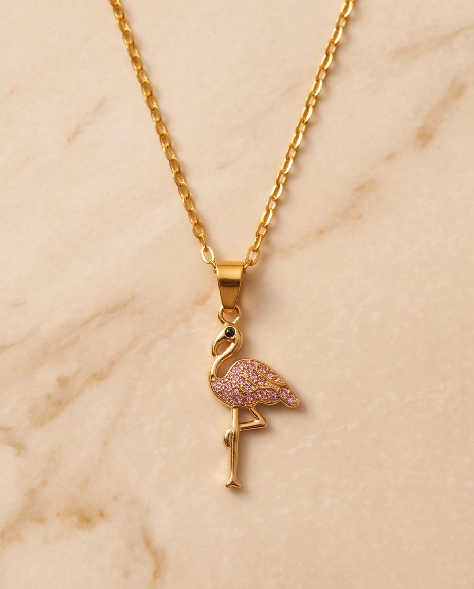 Gold Pink Crystal Paved Flamingo Pendant Necklace