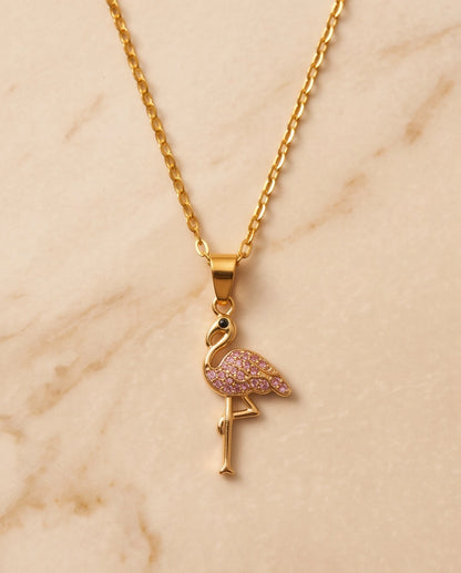 Gold Pink Crystal Paved Flamingo Pendant Necklace