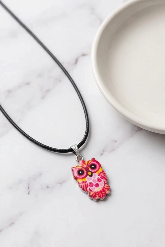 Vibrant Pink and Yellow Owl Totem Pendant Necklace